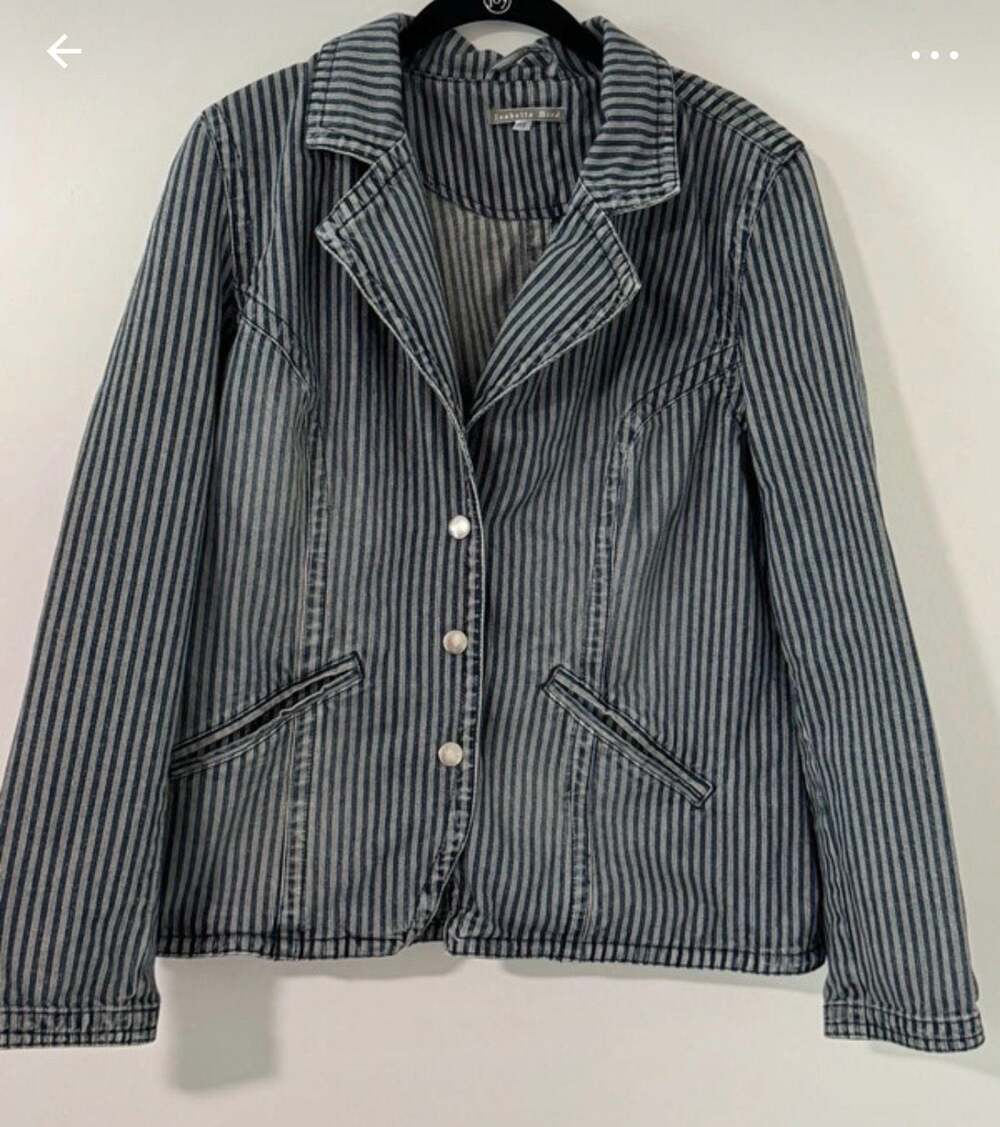 Isabella Bird Blue And White Pinstripe Denim Blazer Jacket